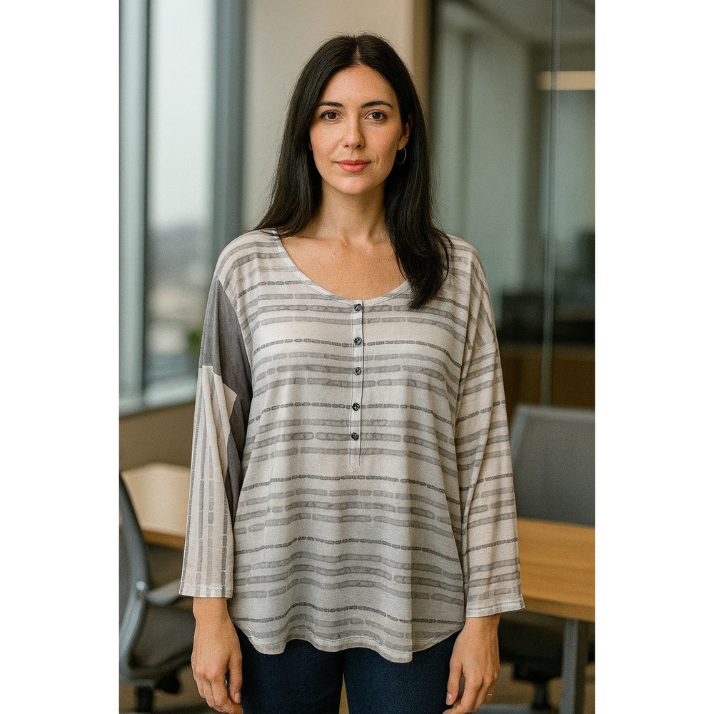 Marla Wynne Top Womens 2X Gray Striped Mesh Overlay Layered Plus Stretch Artsy